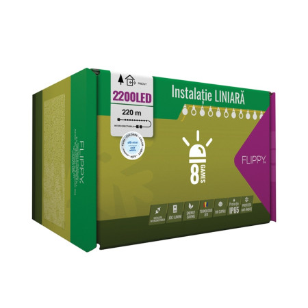 Instalatie Craciun Profesionala de Exterior IP65, 220 m, 2200 Led-uri Mari ,Liniara, Alb rece, Interconectabila, Prelungitor 1.5 m inclus, Fir Negru, Flippy