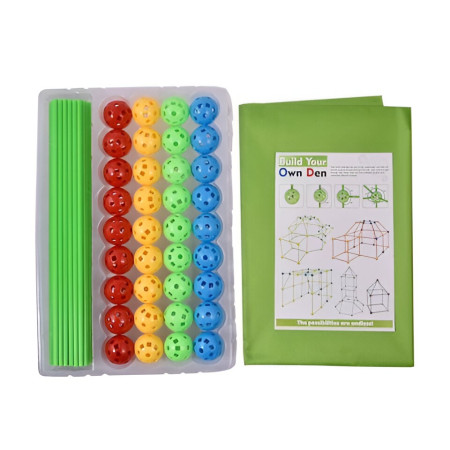 Kit de Constructie Fort 3D pentru Copii, Flippy, 560 g, 36 Sfere, 51 Tije, Panza Verde Impermeabil, 3 ani, Educativ, Multicolor