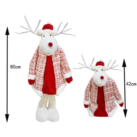 Figurina Decorativa, Pentru Craciun, Flippy, Ren, Picioare Telescopice, Inaltime Reglabila 42 - 80 cm, cu Haina, Alb/Rosu