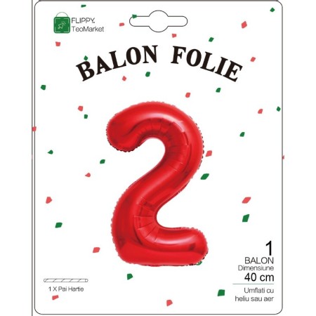 Balon din Folie Metalizata Flippy, Figurina Cifra, Tema Aniversare 40 cm, Ambalaj Individual, Pai inclus, Umflare cu Aer sau Heliu, Rosu, Cifra 2