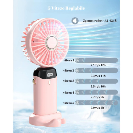 Ventilator Ultra Portabil cu Aromaterapie, Flippy, 3 in 1, de Mana, de Birou, de Gat, 5 Trepte de Viteza, Incarcare USB, Autonomie 12h, Pliabil, cu Ecran LCD, Roz