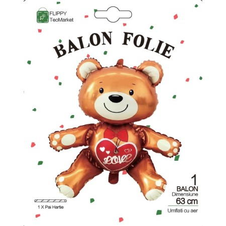 Balon din Folie Metalizata, Flippy, Figurina Urs, Model Love, Tema Ziua Indragostitilor, 60x63cm, Ambalaj Individual, Pai Inclus, Umflare cu Aer sau Heliu, Maro