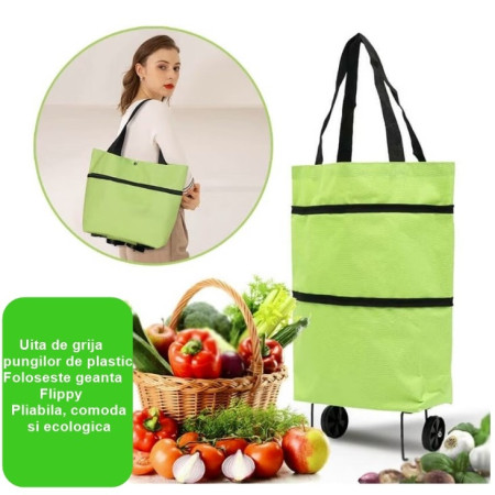 Geanta Pliabila, Flippy, 2 in 1, Carucior cu Roti, pentru Cumparaturi, 19 l, Verde, Plastic, 39 x 46 x 12 cm