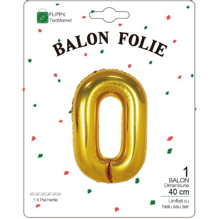 Balon din Folie Metalizata Flippy, Figurina Cifra, Tema Aniversare 40 cm, Ambalaj Individual, Pai inclus, Umflare cu Aer sau Heliu, Auriu, Cifra 0