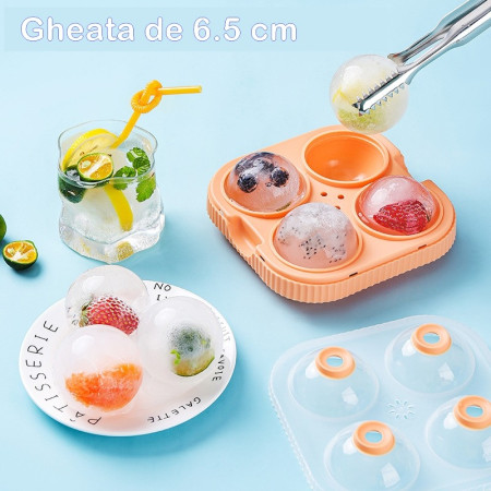 Set 2 forme sfere de gheata pentru wiskey si cocktail-uri Flippy, 4 sfere, material plastic/silicon alimentar, diametru 6.5 cm, cu orificiu tip palnie pentru umplere, 17 x 17 x 7 cm, multicolor