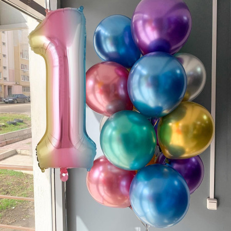 Balon din Folie Metalizata Flippy, Figurina Cifra Gradient, Tema Aniversare 40 cm, Ambalaj Individual, Pai inclus, Umflare cu Aer sau Heliu, Multicolor, Cifra 1