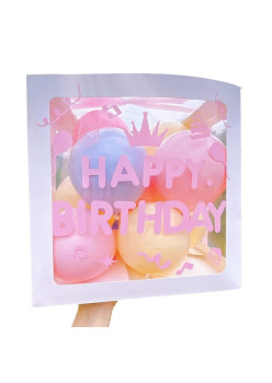 Cutie pentru Baloane, Flippy, Tematica Aniversare, Model Scris Happy Birthday, Baloane Albastre, Roz, Galbene si Panglica Incluse, Contur Alb, Transparenta, 30x30 cm