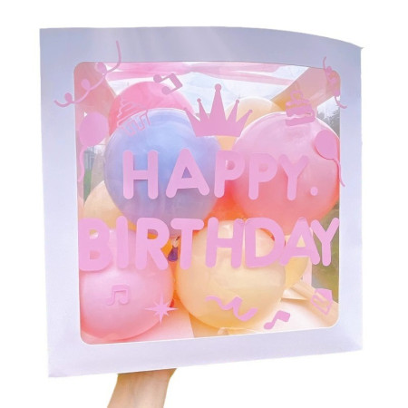 Cutie pentru Baloane, Flippy, Tematica Aniversare, Model Scris Happy Birthday, Baloane Albastre, Roz, Galbene si Panglica Incluse, Contur Alb, Transparenta, 30x30 cm