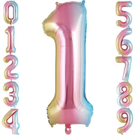 Balon din Folie Metalizata Flippy, Figurina Cifra Gradient, Tema Aniversare 40 cm, Ambalaj Individual, Pai inclus, Umflare cu Aer sau Heliu, Multicolor, Cifra 1