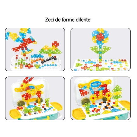 Jucarie educativa pentru copii, Flippy, Set 258 piese, 6 in 1, Valiza cu bormasina, Multicolor