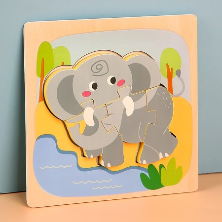 Puzzle Montessori din Lemn pentru Copii, Flippy, 3D, 0-3 Ani, Model Elefant, Educativ, Intuitiv, Creativ, 4 Piese, 15x15x0.5 cm, Multicolor