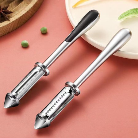 Peeler 2in1 pentru Legume si Fructe, Flippy, Multifunctional, cu 2 Lame de Curatati si Feliat, Varf Ascutit pentru Gaurit, 18 cm, din Otel Inoxidabil, Argintiu/Negru