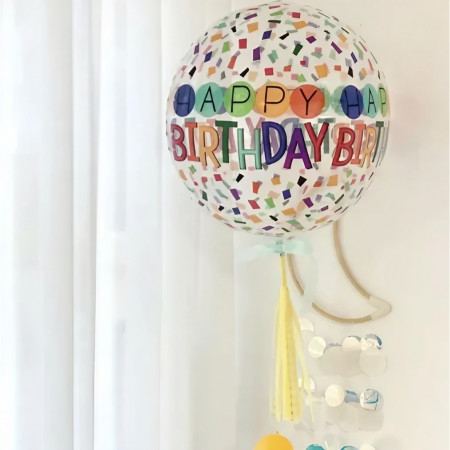 Balon din Folie Metalizata, Flippy, Figurine 4D, Model Happy Birthday, Tematica Aniversara Bombonele, 63x24 cm, Ambalaj Individual, Pai Inclus, Umflare cu Aer sau Heliu, Alb-Multicolor