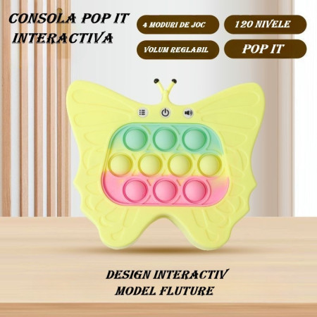 Jucarie Interactiva Tip Consola pentru Copii, Flippy, Diferite Moduri de Joc, 120 Nivele, Material ABS/silicon, cu Nivele, Sunete si Lumini, 12 x 5.5 x 13.5 cm cm, Model Fluture, Galben