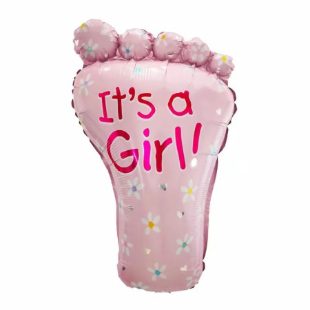 Set 3 Baloane din Folie Metalizata, Flippy, Figurine Picior 46x79 cm, Inima 45 cm, Stea 45cm, Model It's a Girl, Tema Gender Reveal, Ambalaj Individual, Pai Inclus, Umflare cu Aer sau Heliu, Roz