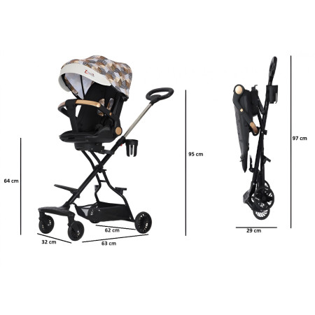 Carucior Sport Flippy 3in1, 6-36 Luni, Reversibil, Pliabil, Tavita pentru Masa, Pozitie de Somn, Centura de Siguranta, Roti 360, Suport Pahar, Copertina pentru Soare, 32x63x95cm, Maro Model Carouri