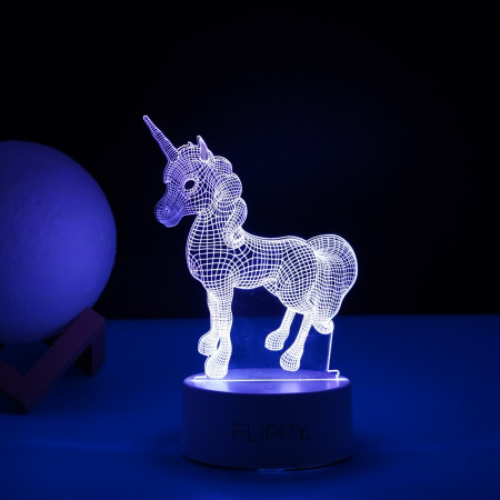 Lampa LED decorativa, Flippy, 3D, Unicorn, cu USB si baterii, 20 cm inaltime, din material acril, lumina multicolora si telecomanda inclusa, alb