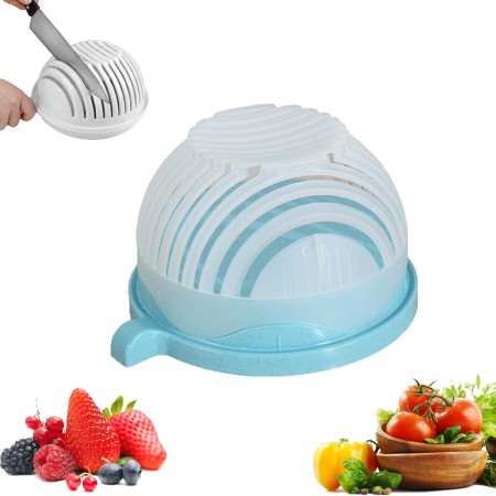 Bol Feliator pentru Salata, Flippy, Castron Multifunctional pentru Legume si Fructe, pentru Spalat si Taiat Legumele, cu Scurgere si Tocator, Ergonomic, Protectie pentru Maini, 21x18.5x11.5 cm, Albastru