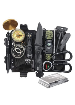 Kit supravietuire multifunctional 16 in 1 Flippy, Instrumente profesionale, Agatatoare ghiozdan, pentru Camping, Drumetii, Aventuri in aer liber, borseta inclusa, negru