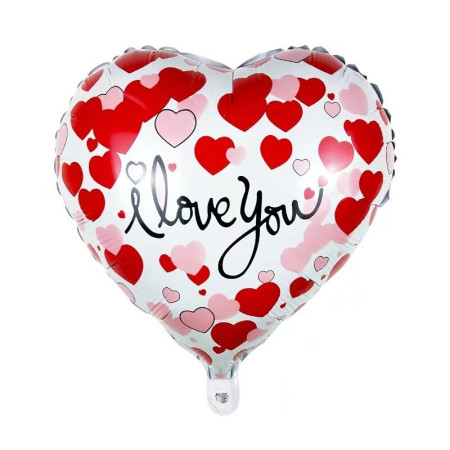 Balon din Folie Metalizata, Flippy, Figurina Inimioara, Model I LOVE YOU, Tematica Iubire, 45 cm, Ambalaj Individual, Pai Inclus, Umflare cu Aer sau Heliu, Rosu