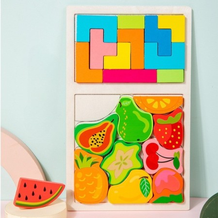 Puzzle Montessori din Lemn pentru Copii, Flippy, Tip Tetris 2in1 +3 Ani, cu Fructe Colorate 3D, Educativ, Intuitiv, Creativ, 21 de Piese, 28.5x17x1.2 cm, Multicolor