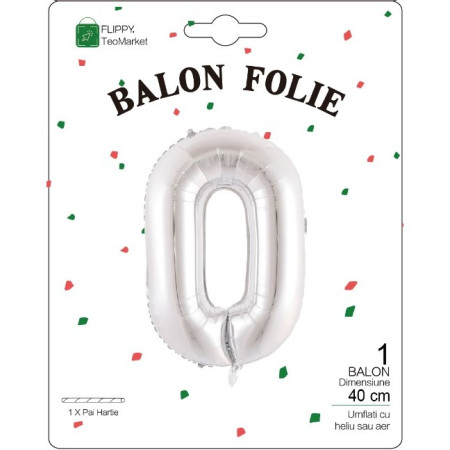 Balon Folie Metalizata Litera O, Flippy, 40 cm, Umflati cu Heliu sau Aer, Ambalaj Individual, Pai inclus, Argintiu