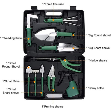 Set 10 Unelte de Gradina, Flippy, pentru Plantare Prelucrare Sol si Ingrijire Plante, Manere Verzi, Material PVC si Otel Inoxidabil, Cutie Inclusa, 37x28x7 cm, Negru