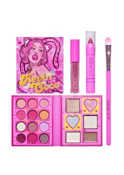 Set 4 Produse de Machiaj, KEVIN & COCO, Pink Loving-heart Leopard Girl, 18 culori, 20.5 x 18.2 x 2.2 cm