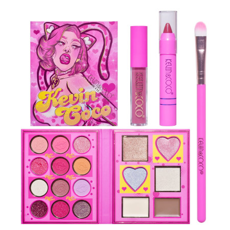 Set 4 Produse de Machiaj, KEVIN & COCO, Pink Loving-heart Leopard Girl, 18 culori, 20.5 x 18.2 x 2.2 cm