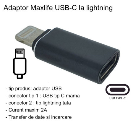 Adaptor Type C (mama) to Lightning (tata) cu Agatatoare Breloc inclusa, Negru