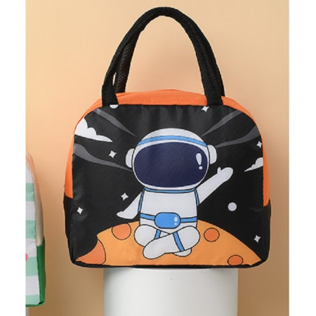 Geanta Termoizolanta pentru Copii, Flippy, 23x13x19 cm, Model Imprimeu Astronaut, din Folie de Aluminiu si Panza Oxford, Negru/Portocaliu