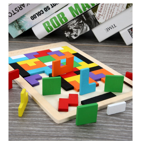 Puzzle Montessori, Flippy, din Lemn, Tip Tetris, +36 Luni, Forme Neregulate, 40 Piese, 26.5 x 17.7 cm, Multicolor