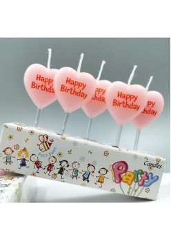 Set 5 lumanari in forma de inima, Happy Bithday, 10 x 2.2 x 8 cm, roz