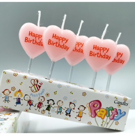 Set 5 lumanari in forma de inima, Happy Bithday, 10 x 2.2 x 8 cm, roz