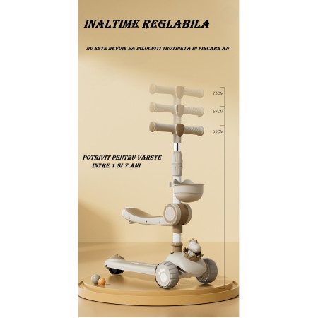 Trotineta Multifunctionala 3 in 1, Flippy, pentru Copii, 1-7 Ani, cu Lumini si Muzica, Reglabil 360, Pliere Usoara, Reglarea Inaltimii, Model Dinozaur, 67-76 x 24 x 55 cm, Alb/Bej