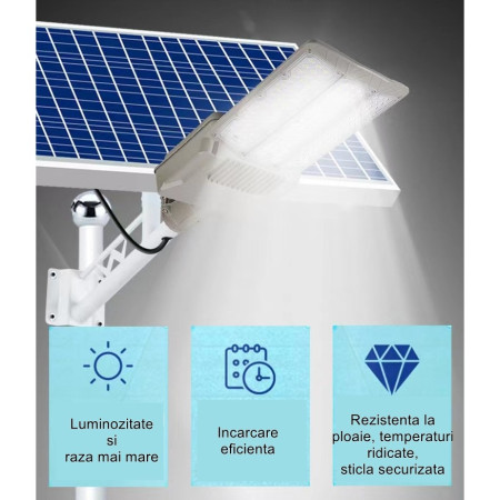 Lampa solara stradala Flippy, pentru curte sau strada, cu trei grile, finisaj mat, rezistent la apa, montare prin fixare, senzor lumina, baterie de litiu, IP65, lumina rece, putere 1000W, autonomie 10 ore, 55 x 23 x 9 cm, gri