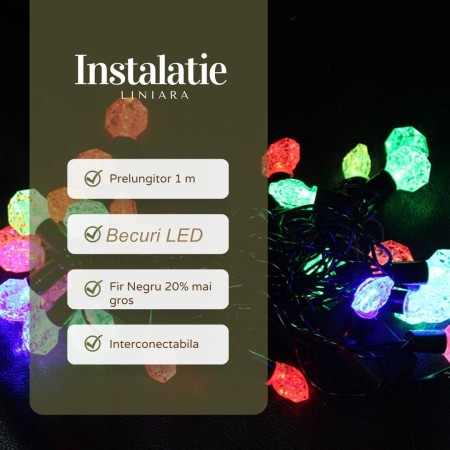 Instalatie de Craciun Liniara RGRB Yoto, 10 m, din care 1 m Prelungitor 220V, 40 LED, Model Anise, Utilizare Interior/Exterior, Interconectabila, Fir Negru, multicolor