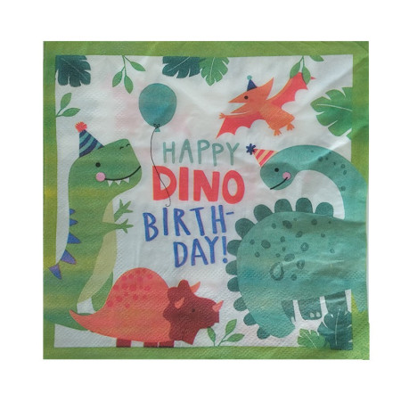 Set 20 de Servetele de Masa Happy Birthday, Flippy, Model Dinozauri, Tematica Aniversare, 33x33 cm, Verde