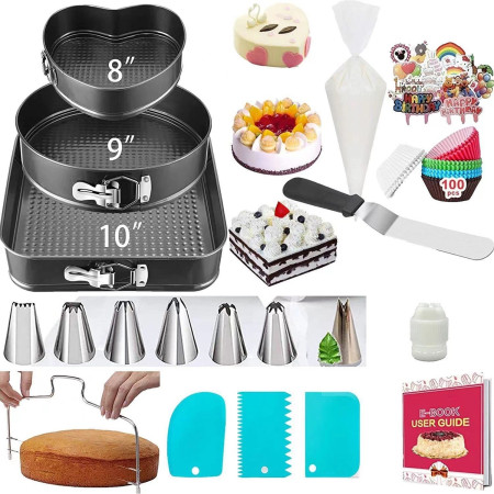 Set de 216 Piese de Copt pentru Prajituri, Flippy, 3 Tavi de Copt, Nivelator, Forme Cupcake, Pos pentru Ornat cu 7 Capete, Feliator Tort, din Otel Inoxidabil, Multicolor