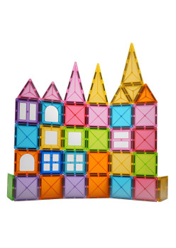 Set 88 Piese Magnetice de Constructie, Flippy, Piese 5.5 cm, Magnetic Tiles, Forme Geometrice, 3 Ani, ABS, Magnet, 27.5 x 21.5 x 17 cm, Multicolor