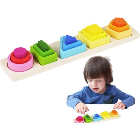 Jucarie Montessori din Lemn, Flippy, Tip Puzzle, cu 5 Forme Asimetrice, 15 Piese, Educativa, Interactiva, Creativa, Model Forme Geometrice, Materiale Non Toxice, pentru Copii peste 2 Ani, Baza 29x6.5 cm, Multicolor