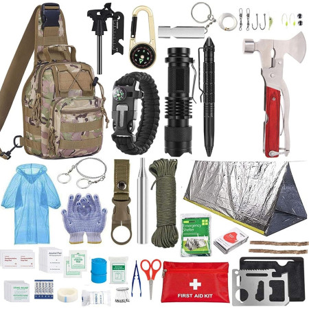 Kit supravietuire multifunctional Flippy, Instrumente profesionale, Trusa de Prim-Ajutor, pentru Camping, Drumetii, Aventuri in aer liber, borseta inclusa, model army