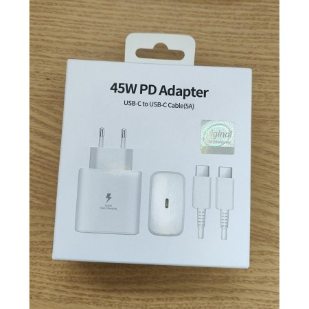 Set Incarcator cu Cablu USB-C to USB-C, 5A, 45W PD, Alb