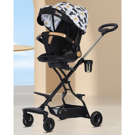 Carucior Sport Flippy 3in1, 6-36 Luni, Reversibil, Pliabil, Tavita pentru Masa, Pozitie de Somn, Centura de Siguranta, Roti 360, Suport Pahar, Copertina pentru Soare, 32x63x95cm, Negru Model Pisicute