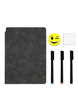 Set Agenda A5 Reutilizabila cu Pagini Tip Tabla, Agenda Pagini Albe cu Stergere Uscata, 3 Markere, 1 Burete și 1 Laveta de sters, Portabila, 24 x 16.5 cm, Coperta Piele, Negru