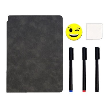 Set Agenda A5 Reutilizabila cu Pagini Tip Tabla, Agenda Pagini Albe cu Stergere Uscata, 3 Markere, 1 Burete și 1 Laveta de sters, Portabila, 24 x 16.5 cm, Coperta Piele, Negru