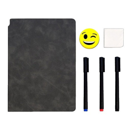 Set Agenda A5 Reutilizabila cu Pagini Tip Tabla, Agenda Pagini Albe cu Stergere Uscata, 3 Markere, 1 Burete și 1 Laveta de sters, Portabila, 24 x 16.5 cm, Coperta Piele, Negru