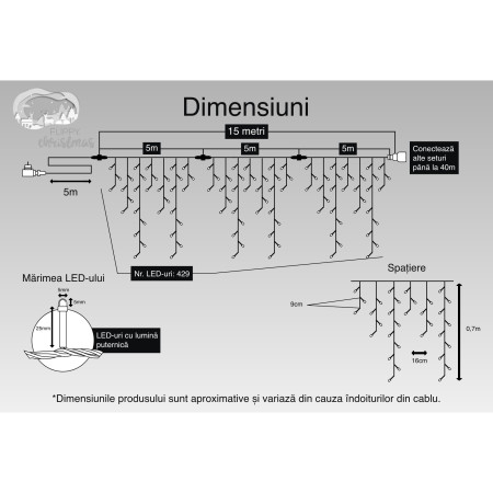 Instalatie Craciun Turturi, IP44, 15 m, 429 Led-uri ,Perdea Franjurata, Alb rece, 8 jocuri de lumini, Transformator 31 V, Putere 9 W, Interconectabila, Interior/Exterior, Prelungitor 5 m inclus, Fir Negru, Flippy