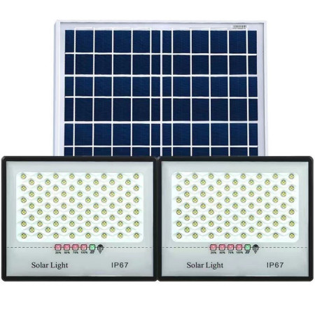 Set 2 proiectoare LED cu Panou Solar Flippy, Senzor de miscare, Telecomanda, Waterproof, 322*2  LED-uri incorporate, 200W, 30*24 cm, IP67, Design Modern, Negru