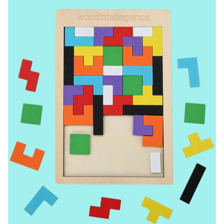 Puzzle Montessori, Flippy, din Lemn, Tip Tetris, +36 Luni, Forme Neregulate, 40 Piese, 26.5 x 17.7 cm, Multicolor